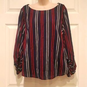 Cabi navy blue top, 100% cotton, fun sleeves w/red & white stripes